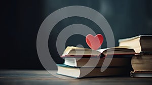 Bibliophile, book lover concept. Stack of books and red heart with copy space for text