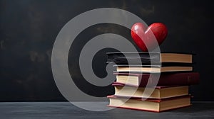 Bibliophile, book lover concept. Stack of books and red heart with copy space for text