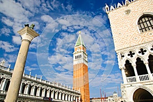 Biblioteca Marciana and St. Mark`s campanile at St. Mark`s square, Venice, Italy