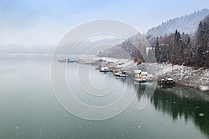 Bicaz lake side at the Izvorul Muntelui Dam, Romania, in winter day