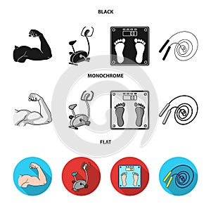 Biceps, exercise bike, scales for weighing, skalka. Fitnes set collection icons in black, flat, monochrome style vector