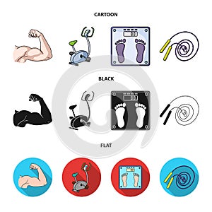 Biceps, exercise bike, scales for weighing, skalka. Fitnes set collection icons in cartoon,black,flat style vector