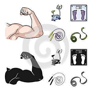 Biceps, exercise bike, scales for weighing, skalka. Fitnes set collection icons in cartoon,black style vector symbol