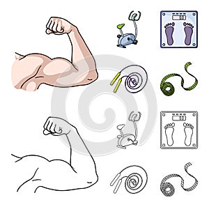 Biceps, exercise bike, scales for weighing, skalka. Fitnes set collection icons in cartoon,outline style vector symbol