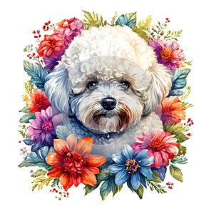 Bichon frise dog head and flowers on clean background. Pet. Animals.