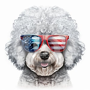 Bichon Frise Dog Wearing Sunglasses, American Flag 4th Of July Theme - Generative AI