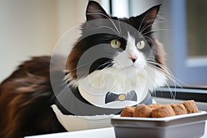 bicolor cat wearing a tuxedo bib eying a dish of gourmet cat pat