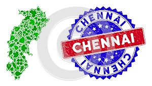 Bicolor Chennai Grunge Seal Stamp and Leaf Green Collage of Chhattisgarh State Map