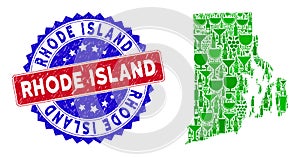 Bicolor Rhode Island Scratched Stamp and Composition of Rhode Island State Map