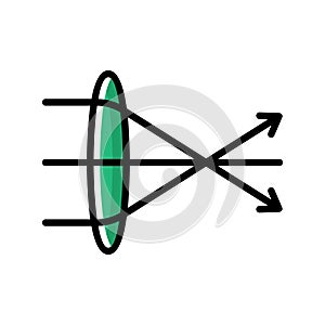 Biconvex lens refraction rays line colourful vector icon. Physics law icon.