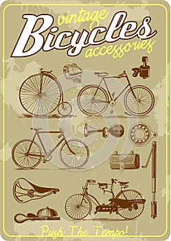 Bicycle and accessories vintage vector illustration collection in retro old poster style photo