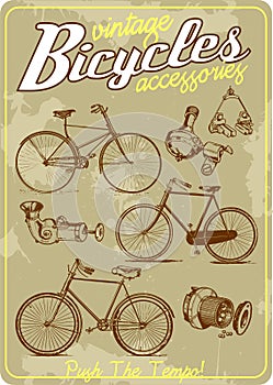 Bicycle and accessories vintage vector illustration collection in retro old poster style photo