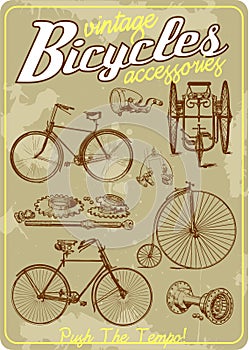 Bicycle and accessories vintage vector illustration collection in retro old poster style