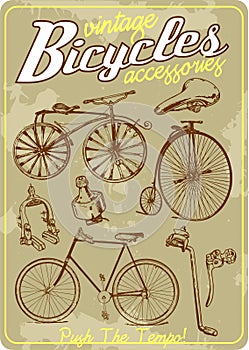 Bicycle and accessories vintage vector illustration collection in retro old poster style photo