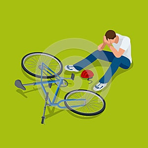 Bicycle accident. Man falls off his bicycle. Flat 3d vector isometric illustration.