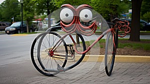 A bicycle with an amusing, zigzag-shaped frame and unconventional, squigglystanding out in a bike rack