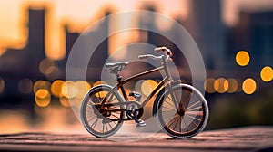 Bicycle on the background of a blurred city. Generative AI