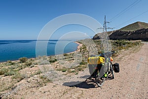 Bicycle with bags, landscape, Kyrgyzstan