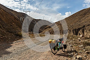 Bicycle with bags, landscape, Kyrgyzstan