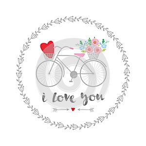 Bicycle with a basket of flowers and heart. Postcard template with Valentine`s Day.