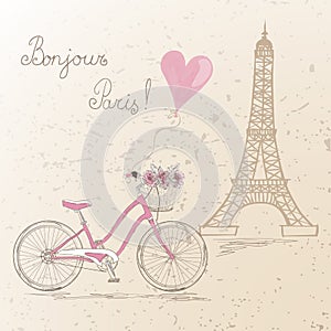 Bicycle with a basket full of flowers on the background Eiffel Tower in Paris.