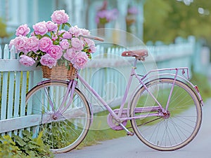 Bicycle with basket of peony flowers in front leaning against the whitewashed wooden fence against the background of a blurry