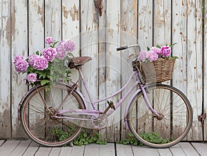 Bicycle with basket of peony flowers in front leaning against the whitewashed wooden fence against the background of a blurry