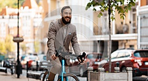 The bicycle is the best transport for the city. The businessman adheres to a healthy lifestyle. A method for reducing the emission