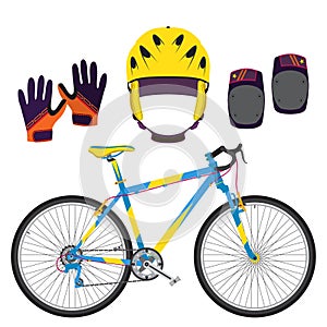 Bicycle, bike equipment and protect gear in flat style.