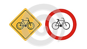 bicycle bike icon traffic road sign, Yellow sign with graphic of bicycle to warn traffics to beware of bicycle lane