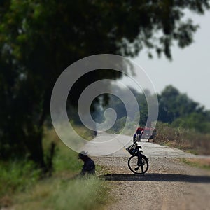 Bicycle bike stop on rough road under big tree