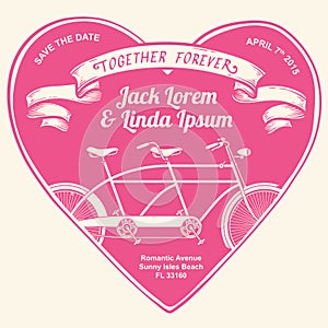 Bicycle, bike, tandem, double, together, forever, heart, balloon, ribbon, title, save the date, wedding, happy, love, valentine