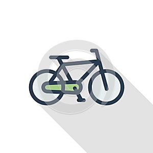 Bicycle, bike thin line flat color icon. Linear vector symbol. Colorful long shadow design.