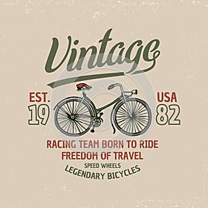 Bicycle, bike or velocipede. travel illustration. logo emblem or label, engraved hand drawn in old sketch and vintage