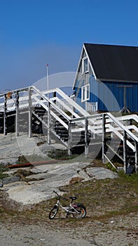 bicycle, blue house, wooden stairs, Nuuk, Greenland