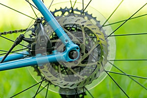 Bicycle brake rotor, close-up. Spare parts service