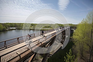 bicycle bridge over river, with cyclists pedaling along the path