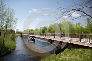 bicycle bridge over river, with cyclists pedaling along the path