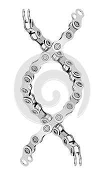 Bicycle chain segments twisted like a DNA spiral. 3D illustration isolated on white background