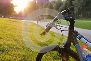 Bicycle in a city park on a sunny day at sunset. Active lifestyle