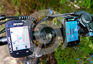 A bicycle computer for a bicycle. Details and close-up of a bicycle computer