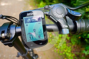 A bicycle computer for a bicycle. Details and close-up of a bicycle computer