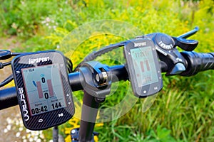 A bicycle computer for a bicycle. Details and close-up of a bicycle computer