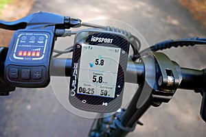 A bicycle computer for a bicycle. Details and close-up of a bicycle computer