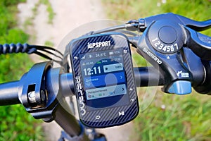 A bicycle computer for a bicycle. Details and close-up of a bicycle computer