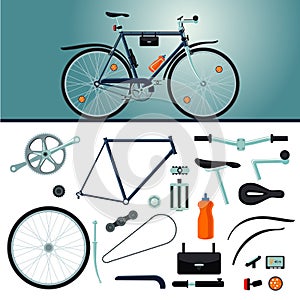 Bicycle constructor. Realistic bike and parts. Details set.