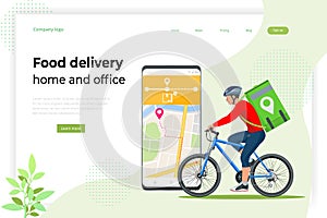 Bicycle courier, Express delivery service. Courier on bicycle with parcel box on the back delivering food In city