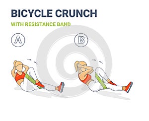 Bicycle Crunch Abs with Resistance Band Girls Abdominal Home Workout Exercise Colorful Concept