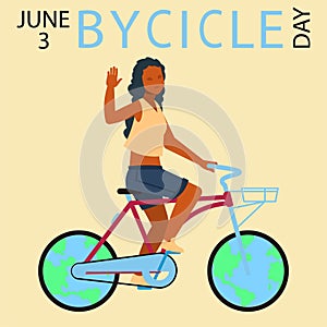 Bicycle day greeting card. Happy woman on bike. Cartoon girl riding and waving hand. Young African female character