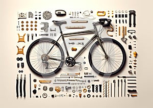 Bicycle deconstructed knolling layout Generative AI Illustration